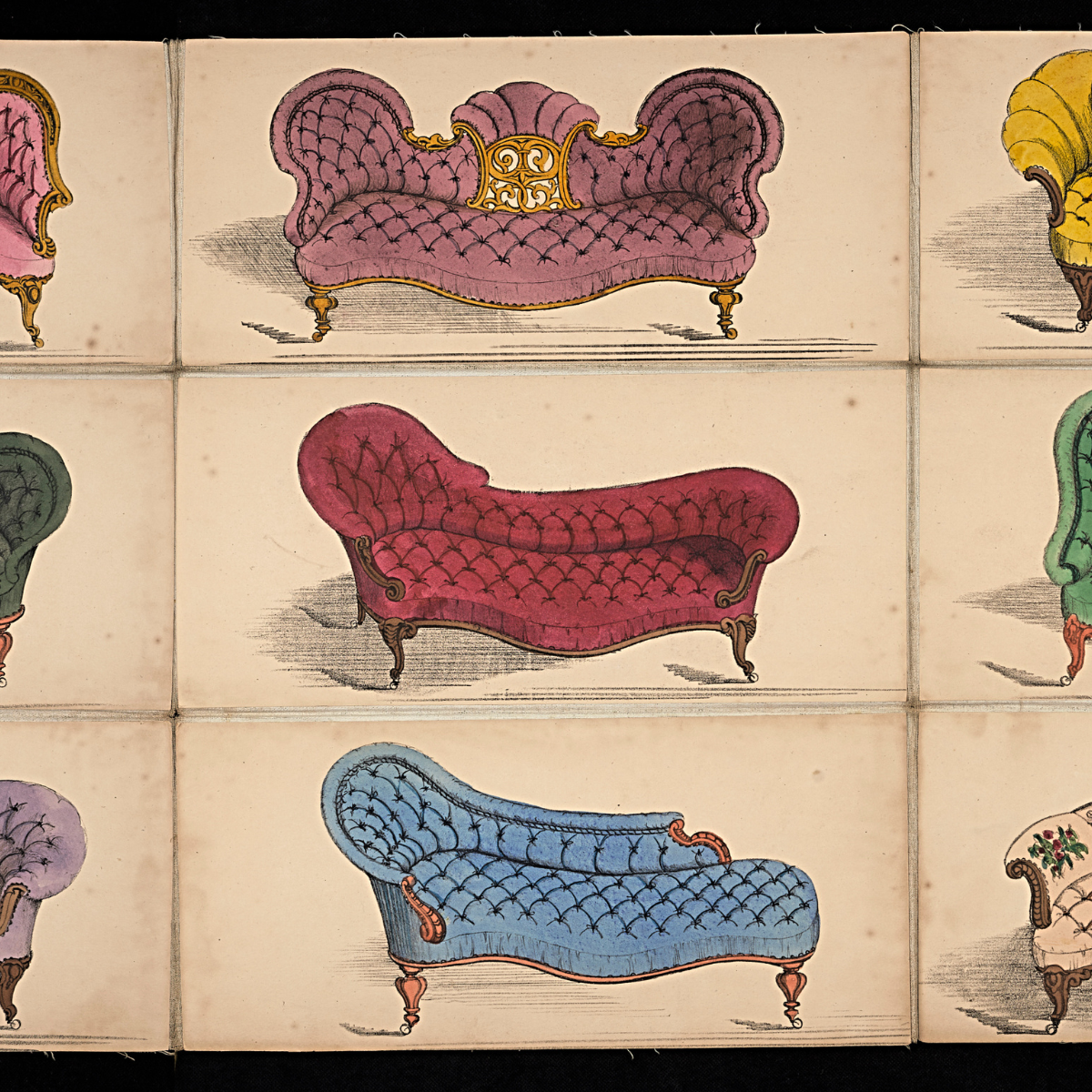 A Victorian furniture catalogue with colourful sofas laid out in a grid design. 