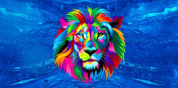 A very colourful lion against a blue background.