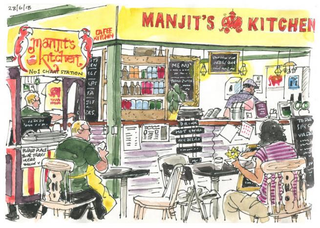 a sketch of Manjit's Kitchen stall in Leeds Market