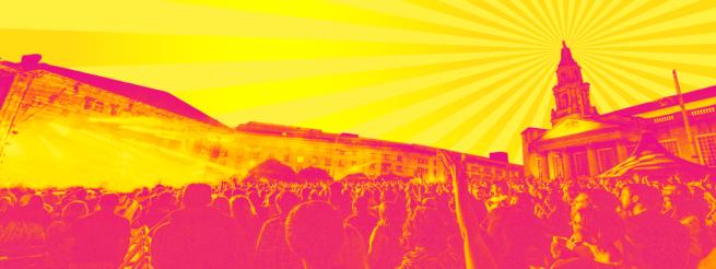 an orange and yellow print of a crowd in Millennium Square