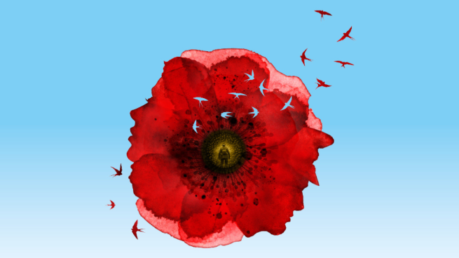 A red poppy with birds flying around it.