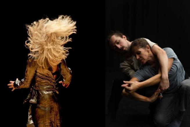 On the left is a person in a metallic dress, hair flip in motion. On the right is two people dancing, arms intertwined.