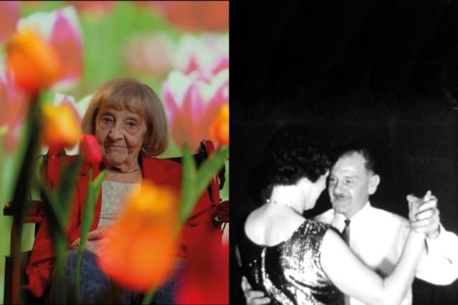 Two photos side by side. On the left is an elderly with a bob haircut in focus, surrounded by blurred tulips. On the right is a black and white photo of two people social dancing