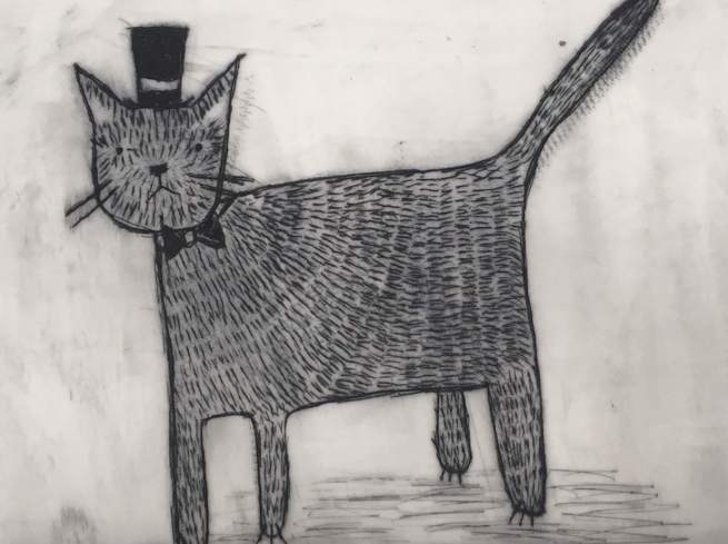 Image shows a black and white print of a drawing of a cat wearing a top hat