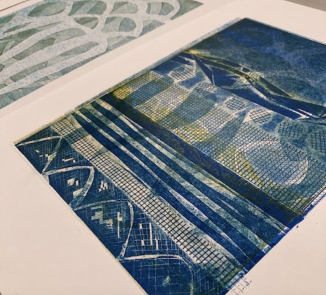 An abstract collograph monoprint in shades of blue and green