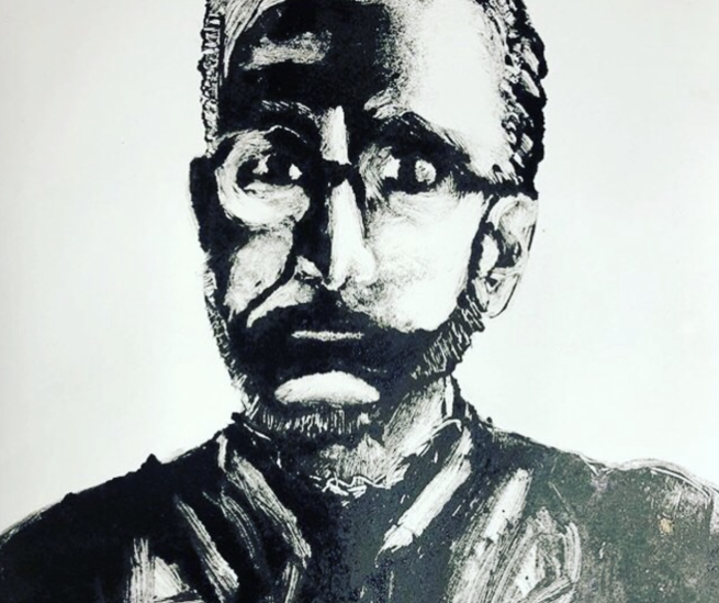 An abstract printed portrait of a man with a beard in black and white