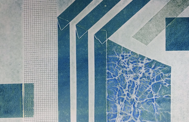 An abstract collograph print in shades of blue
