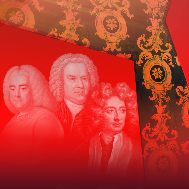 Portraits of Baroque period composers, Bach, Handel and Corelli