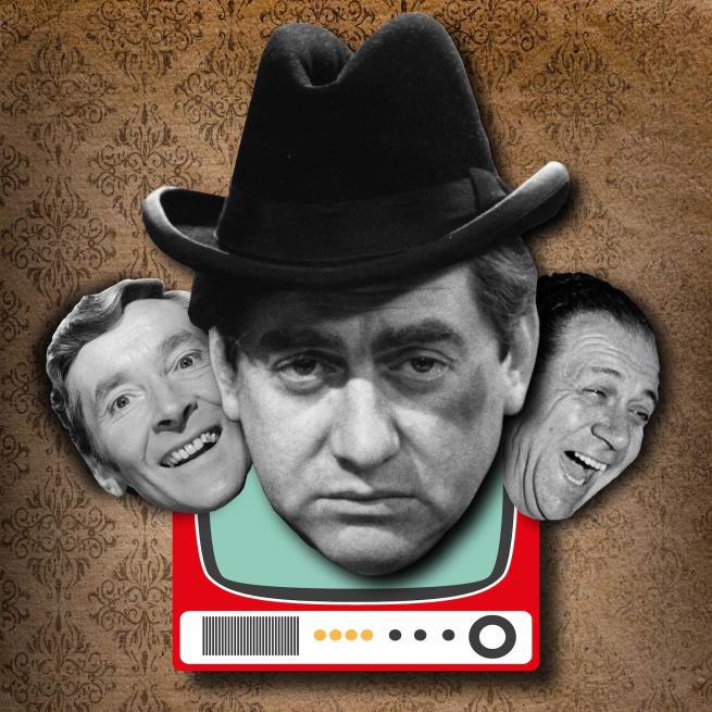 Three black and white floating heads, one of which is Tony Hancock wearing a bowler hat, with a red old television set in the background and patterned wallpaper.