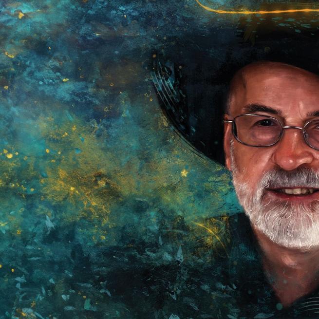 A water colour illustration of Terry Pratchett in a hat smiling both on a galaxy background.