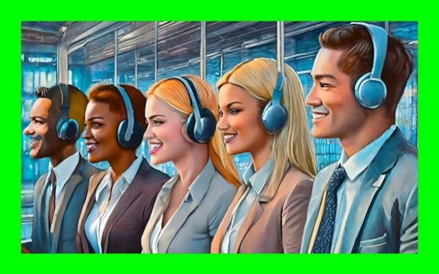 An AI generated image of five people smiling and wearing headphones.