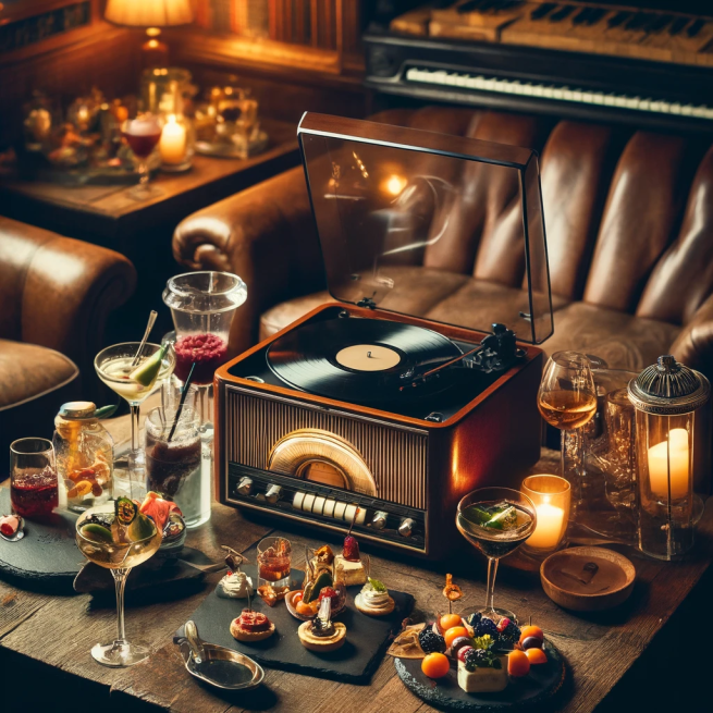 Record player surrounded by drinks and canapes