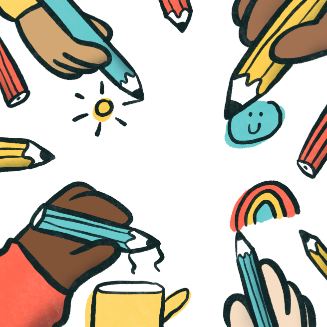 Illustration of hands drawing various fun items