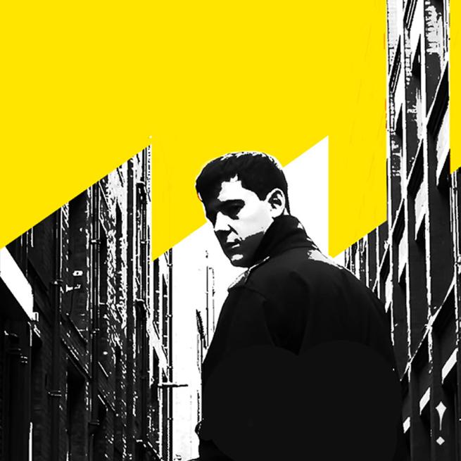 Black and white illustration of a male figure looking over his left shoulder back at the audience on a narrow street with multi-story buildings. The top of the image is covered with a jagged yellow block.
