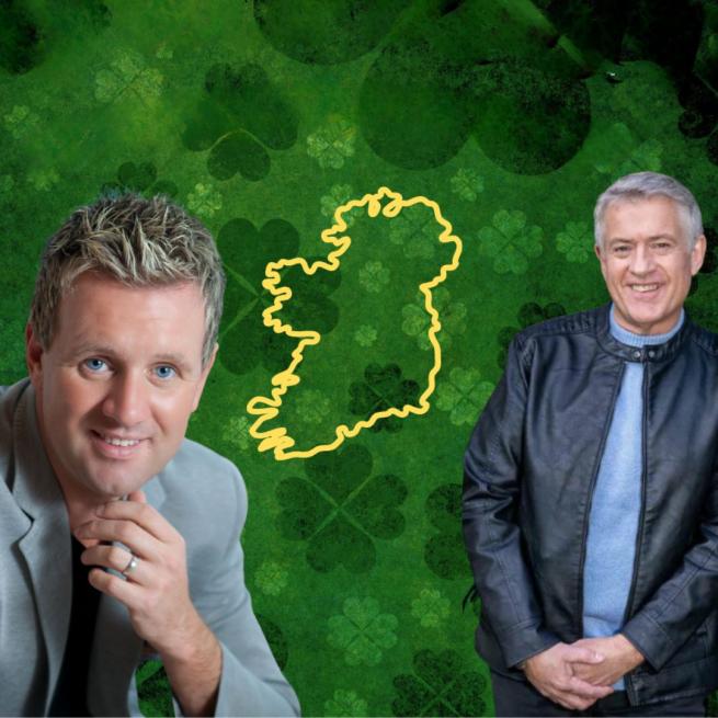 Promotional image for Pride of Ireland featuring Mike Denver and Dominc Kirwan and a yellow outline of Ireland against a green shamrock-patterned background.