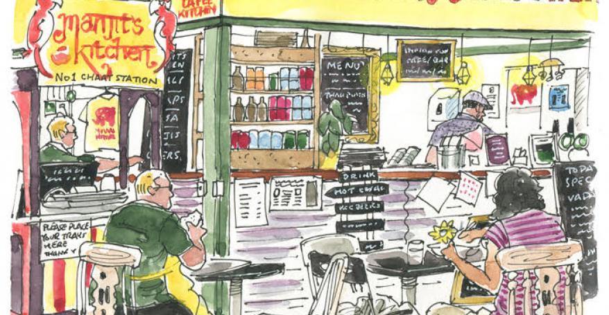 a sketch of Manjit's Kitchen stall in Leeds Market