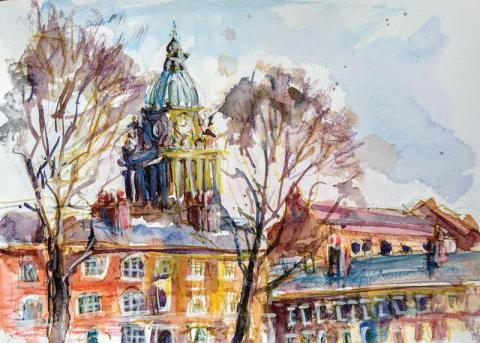 a sketch of Leeds Town Hall clock from Park Square Leeds