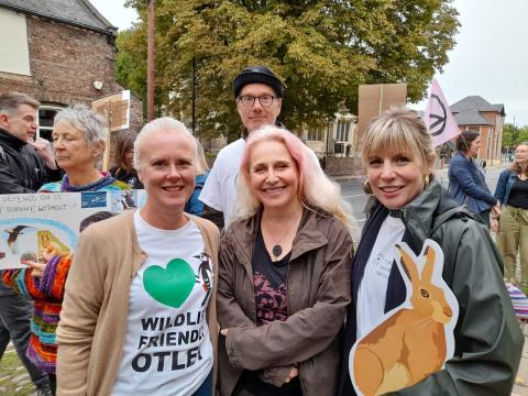 Amy-Jane Beer with Wildlife Friendly Otley Trustees Claire Colman and Helen Hey at the Restore Nature Now Rally in York, 28th September 2023.