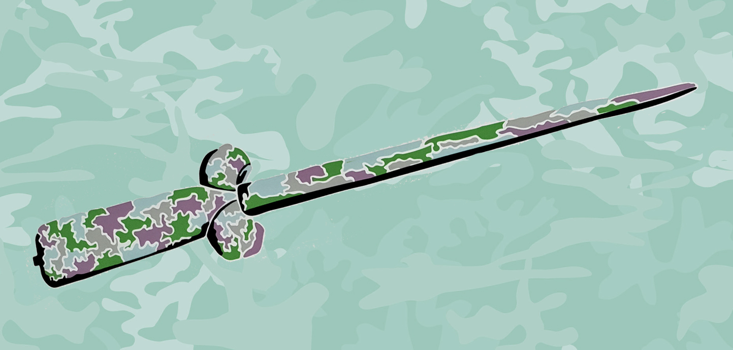 A green camo background with a sword illustration from left to right