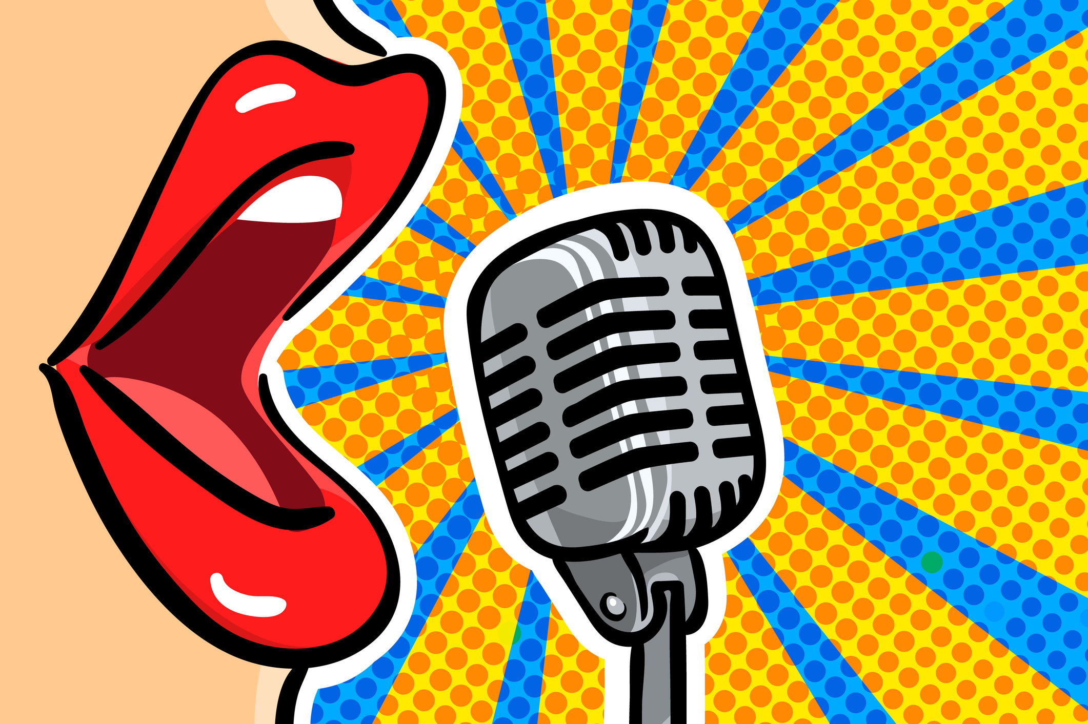 A pair of red painted lips singing into a 1950s-style microphone on a background of yellow and blue rays radiating out from the microphone.