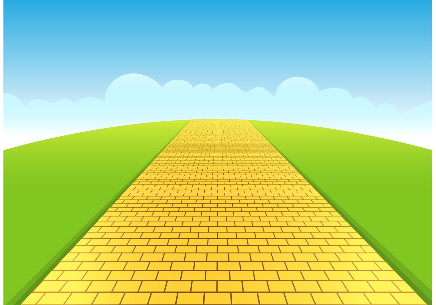 cartoon image of a yellow brick road stretching into the distance, with green grass on either side.