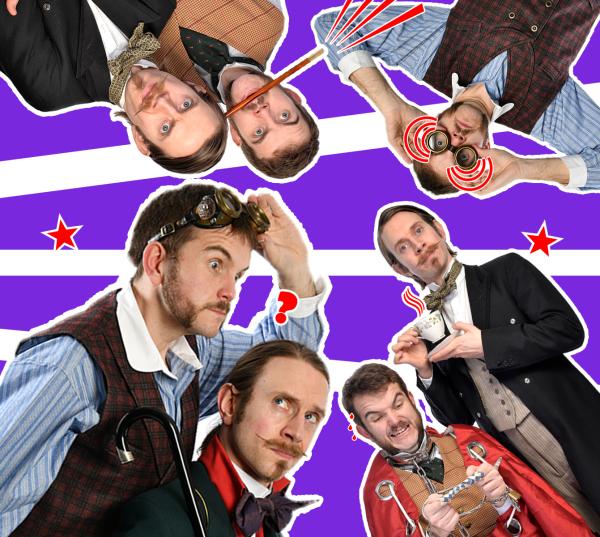 a collage of men with sideburns and moustaches, wearing flying goggles, cravates, binoculars, waist coats and edwardian dress, positioned at jaunty angles