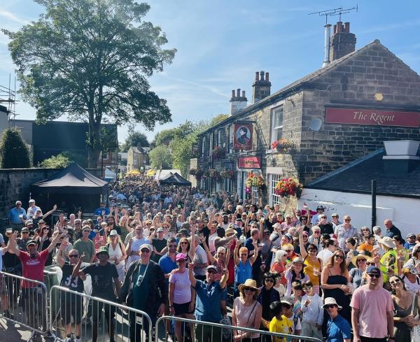 Crowd at Jazz and Blues Sunday in the open air in Regent Street Chapel Allerton 