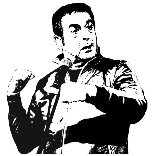 Black and white illustration of Mark Thomas stood behind a microphone stand.