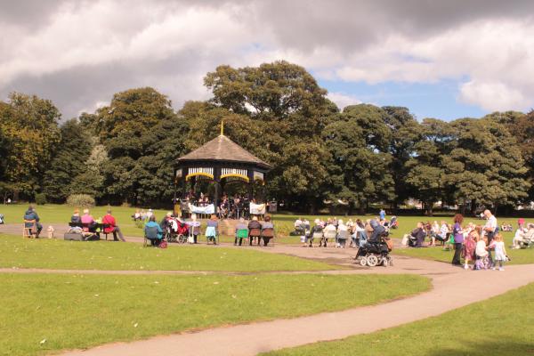 Musicians performing in a park. 