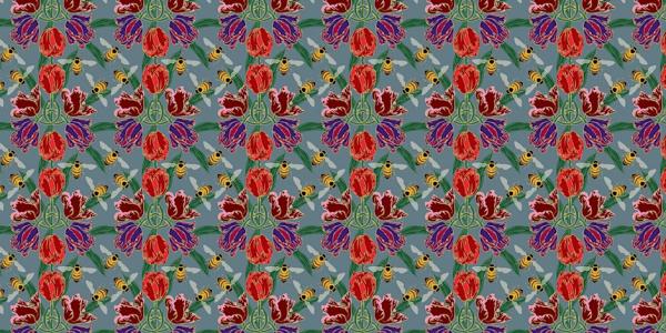 Image shows repeating pattern on flowers and bees