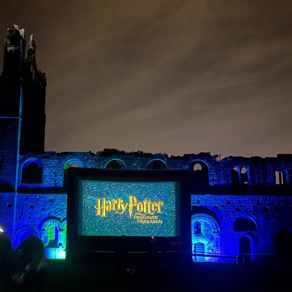 Outdoor cinema screening at Kirkstall Abbey