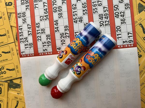 Bingo Cards with Green and Red dabbers 