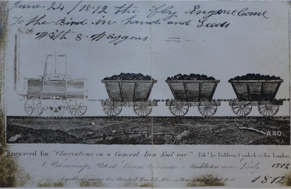 Drawing of first locomotive pulling coal wagons from Middleton Colliery to Leeds Bridge.