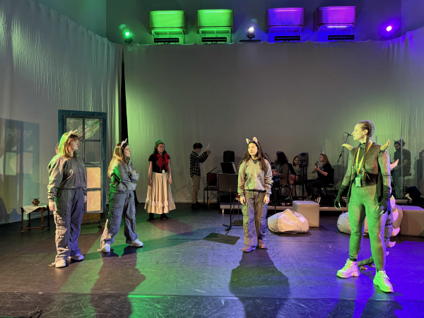 Actors performing in rat, basilisk, and folk costumes, under green lights; a band in the backdrop.