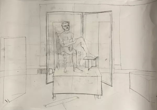 A pencil drawing using only lines and no shading to depict a life model sat on a chair with furniture and objects around him