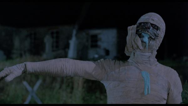 An Egyptian Mummy stands with its arm outstretched. The bandages on its face have been torn away, revealing a skeletal face with is oozing with blue slime.