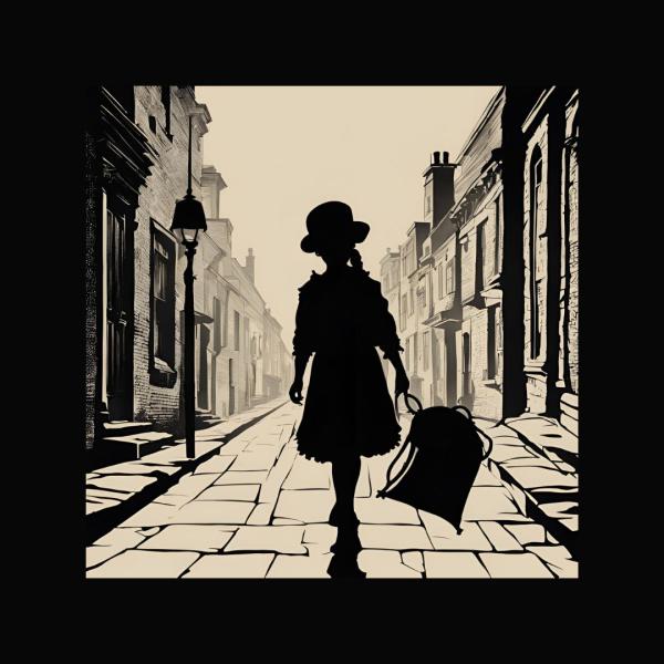 Silhouette of a Victorian girl walking down a paved street.