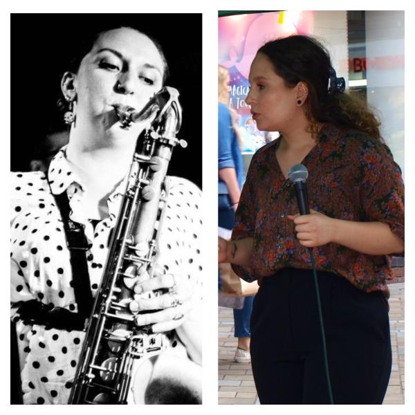 Rose Perry playing tenor sax and Raquel Alvero singing