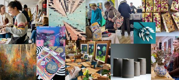 A collage of images showing art prints, jewellery, ceramics and photos of craft stalls with sellers talking to customers
