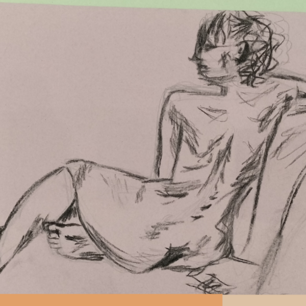 Black sketch of a nude model in a seated position on pale purple paper