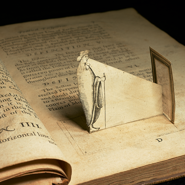 Photograph of an open book with a pop out of a figure standing in front of a mirror
