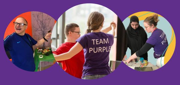 A purple background with three overlapping circles. In these circles are photographs or learning disabled people enjoying creative activities, including dancing.