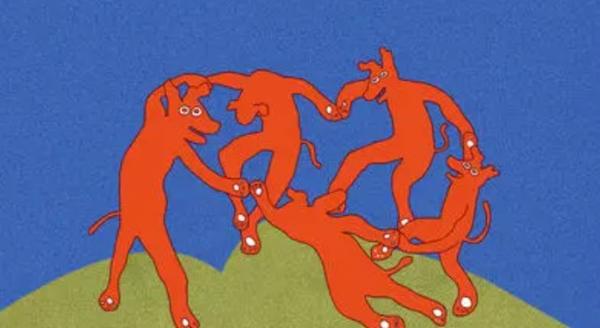 Four red dogs holding hands in a circle on a blue background with green grass