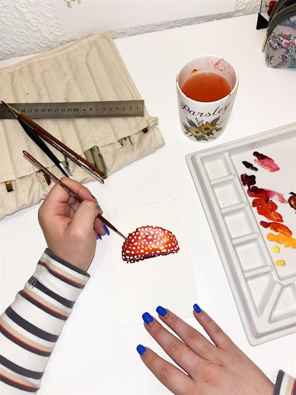 Poppy painting water colour mushrooms