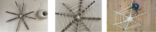 shows twigs arranged in a star shape wrapped in string to make a diy spiderweb