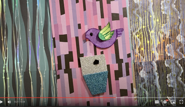image from stop motion film created by participant cut out birds on patterned background.