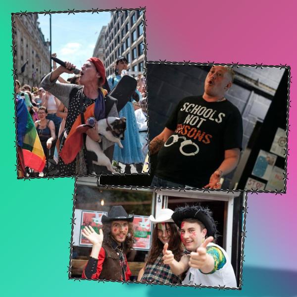 A photograph of performers against a rainbow background