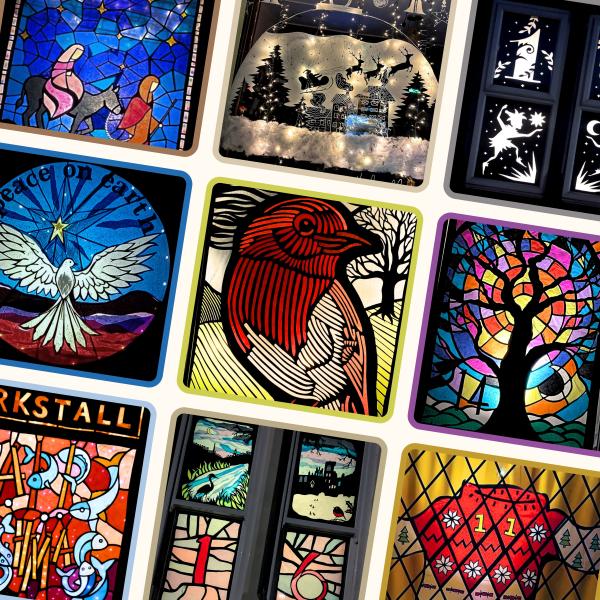 a collage of nine colourful window displays.