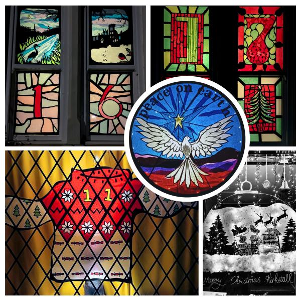 A collage of five brightly coloured window displays.