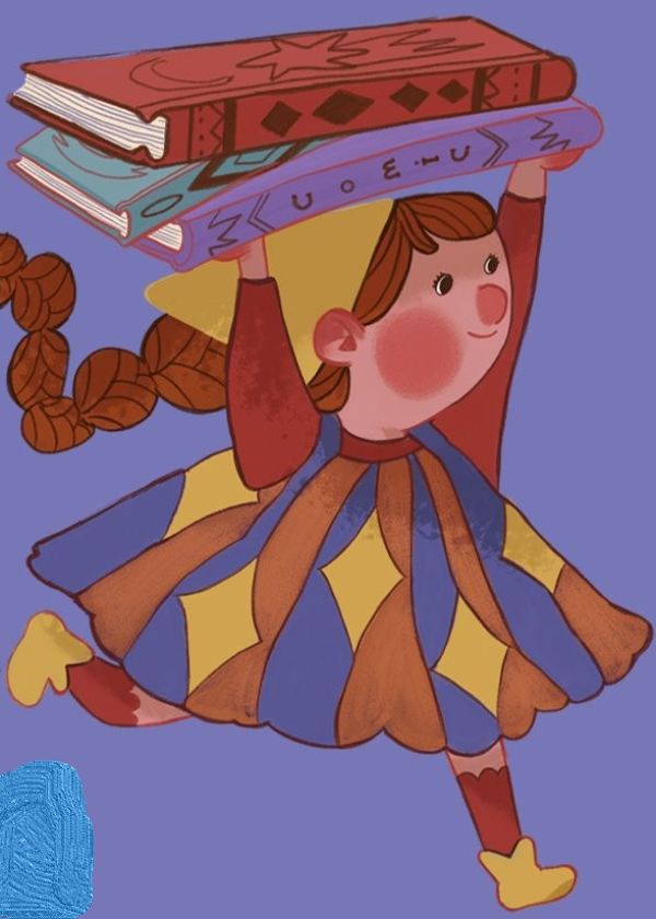 Cartoon girl running holding books over her head.